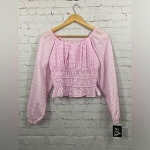 Art Class Crop Top Pink & White Gingham Size XL 14 Long Balloon Sleeve NWT